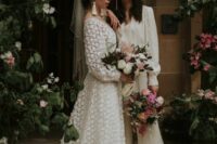 a flowy oversized pantsuit with white shoes, a boho lace A-line wedding dress with long sleeves are an amazing combo