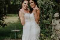 a matching lace mermaid wedding dresses with spaghetti straps and long trains are amazing for a boho wedding