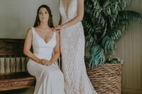 a plain mermaid wedding dress with a plunging neckline and a long train plus a lace mermaid wedding dress with a plunging neckline and a train