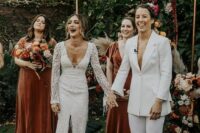 a plain modern white pantsuit with cropped panes and nude shoes, a boho lace mermaid wedding dress with a front slit and a train
