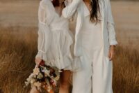a plain white jumpsuit with a blazer on, a mini wedding dress with puff sleeves and white boots