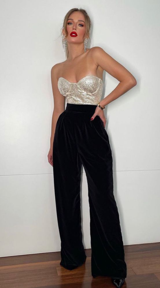 a silver glitter corset, black high-waisted velvet pants and statement earrings are an ultimate combo for a bachelorette