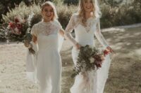 boho bridal looks, a plain jumpsuit with a lace cover, a boho lace wedding dress with a train are an amazing combo for a boho wedding