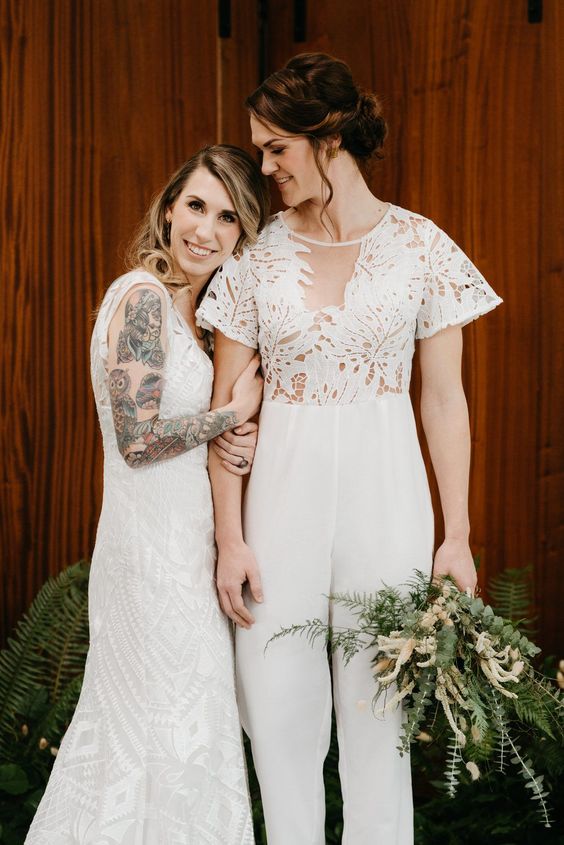 boho bridal looks, one with a jumpsuit with a lace bodice and plain pants, a boho lace sleeveless wedding dress