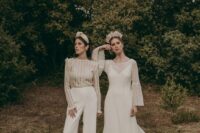 boho looks with a long sleeve striped top and plain pants, a boho lace A-line wedding dress with a train and bell sleeves