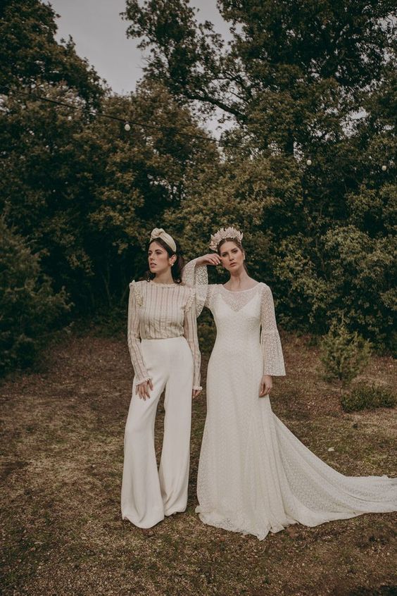 boho looks with a long sleeve striped top and plain pants, a boho lace A-line wedding dress with a train and bell sleeves
