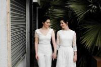 brides wearing a jumpsuit with cap sleeves and nude shoes, a separate with boho lace culottes and a crop top and nude shoes