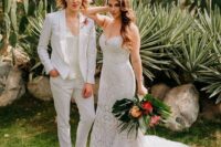 desert bridal looks with a boho lace strapless mermaid wedding dress with a train, a white pantsuit, white top and shoes