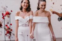 modern bridal looks, one with an off the shoulder plain mermaid wedding dress, the second with an off the shoulder jumpsuit with wideleg pants