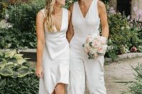 modern bridal looks with a jumpsuit with a V-neckline and a high low wedding dress with a plunging neckline, nude shoes