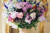 02 colorful wildflower wedding bouquets with a burlap wrap
