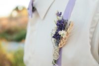 02 ivory shirt, lilac-colored bow tie and suspendaers and a lavender and wheat boutonniere