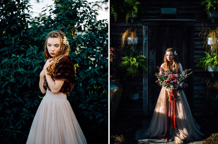 The bride was wearing an amazing blush BHLDN gown and a burgundy faux fur coat