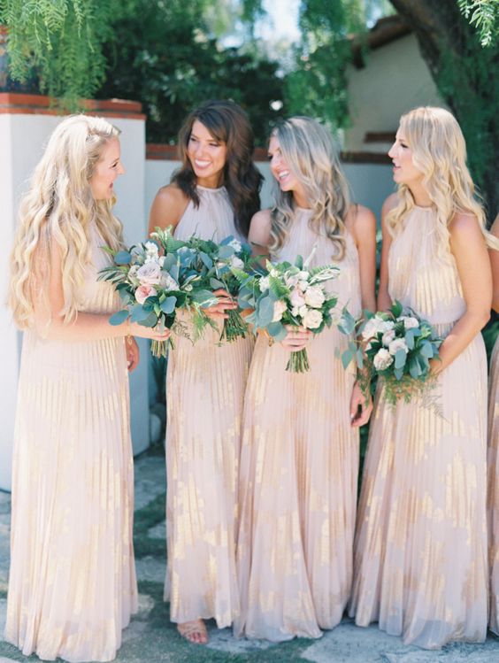 blush maxi gowns with metallic detailing and halter necklines