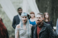 06 The bride had a lace blue off the shoulder dress and blue hair, the groom rocked a leather jacket