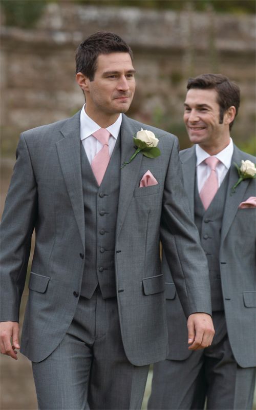 dark grey suits and light pink ties for a contrast