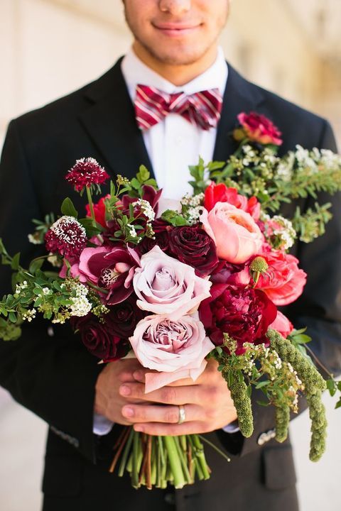 cool dusty pink, red and burgundy bridal Valentine's day bouquet