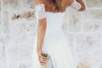 07 off the shoulder lace wedding dress, flowers in hair are ideal for a spring boho bride