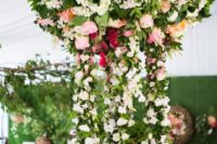 09 greenery chandelier with pink roses and hanging branches