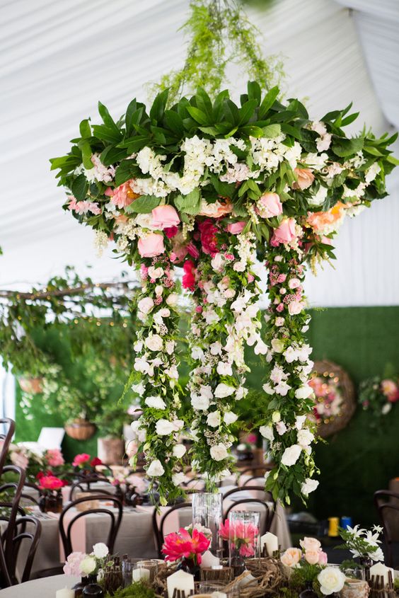 greenery chandelier with pink roses and hanging branches