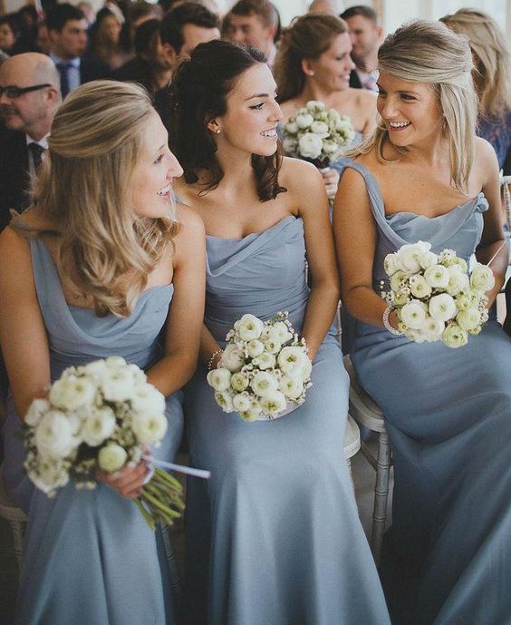 dusty blue one shoulder bridesmaids' dresses