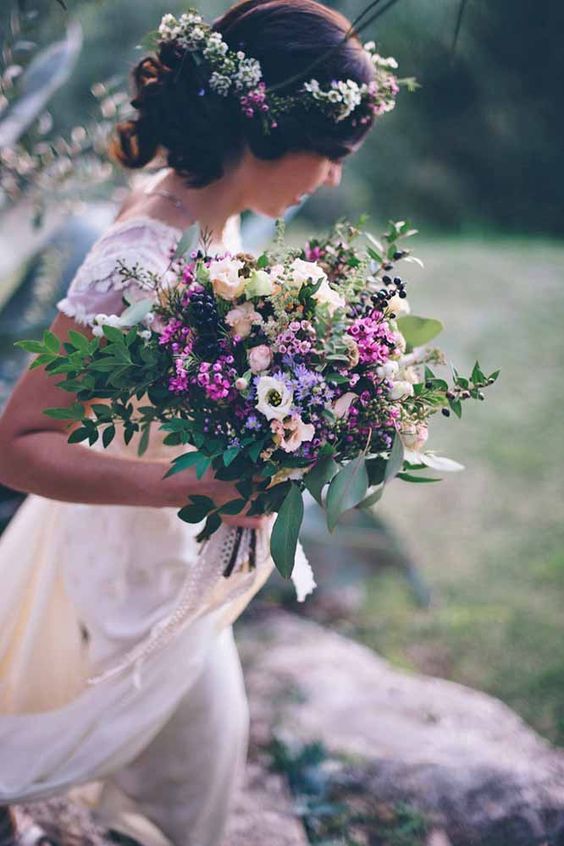 textural and dimensional wildflower wedding bouquet and a matching crown