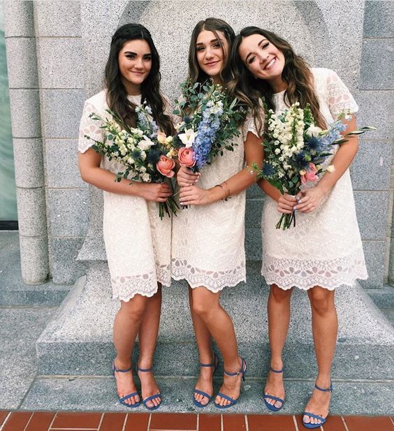 over the knee lace bridesmaids' dresses, messy bouquets and blue shoes