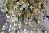 11 white roses chandelier with hanging candle holders