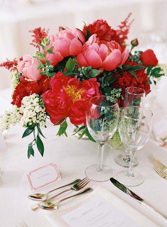 beautiful red and pink peony centerpiece