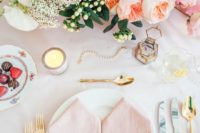 14 blush table setting spruced up with gold cutlery looks very romantic
