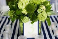 15 greenery and just green centerpiece contrasts with navy and white