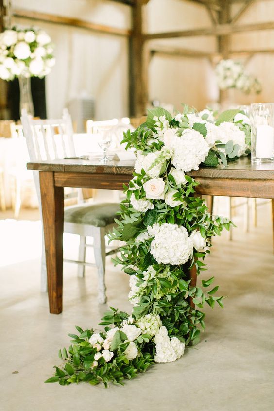 floral garland with hydrangea, greenery and garden roses