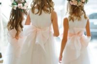 20 white tulle midi dresses with a pink petal rim