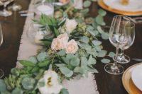 21 messy eucalyptus and blush roses table garland