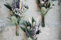 23 lavender and thistle boutonnieres