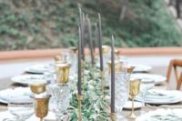 25 elegant dusty pink, grey and gold tablescape with a eucalyptus table runner