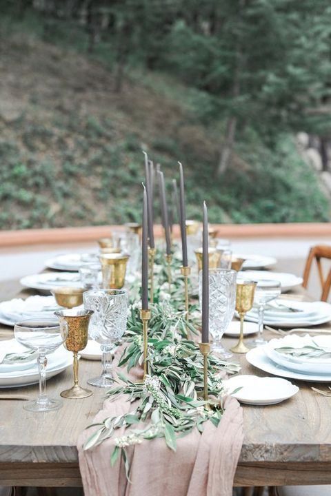elegant dusty pink, grey and gold tablescape with a eucalyptus table runner