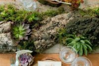 25 wooden logs with succulents and moss, wood slices as placemats
