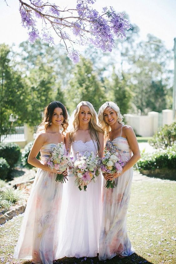 watercolor floral bridesmaids' dresses