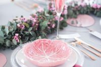 28 pink and grey wedding table with gold rimmed champagne glasses