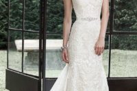28 sheath lae strapless wedding dress with a train and an ebellished sash