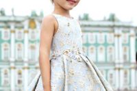 29 light blue knee-length dress with gold floral appliques