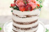 29 pretty naked wedding cake with pink and red flowers