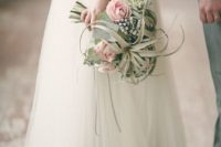 31 dusty, grey wedding bouquet with air plants and pink roses