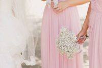 31 pink strapless gowns wwith baby’s breath bouquets