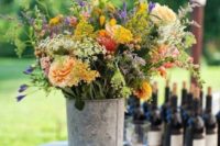 32 wildflowers and garden flowers in a bucket for decor