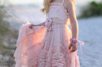 35 pink boho strap flower girl dress with large appliques