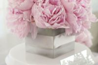35 pink peonies in a grey box with ribbon