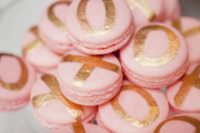 36 pink macarons with gold leaf XO