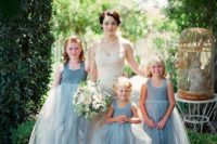 36 powder blue strap dresses with layered tulle skirts